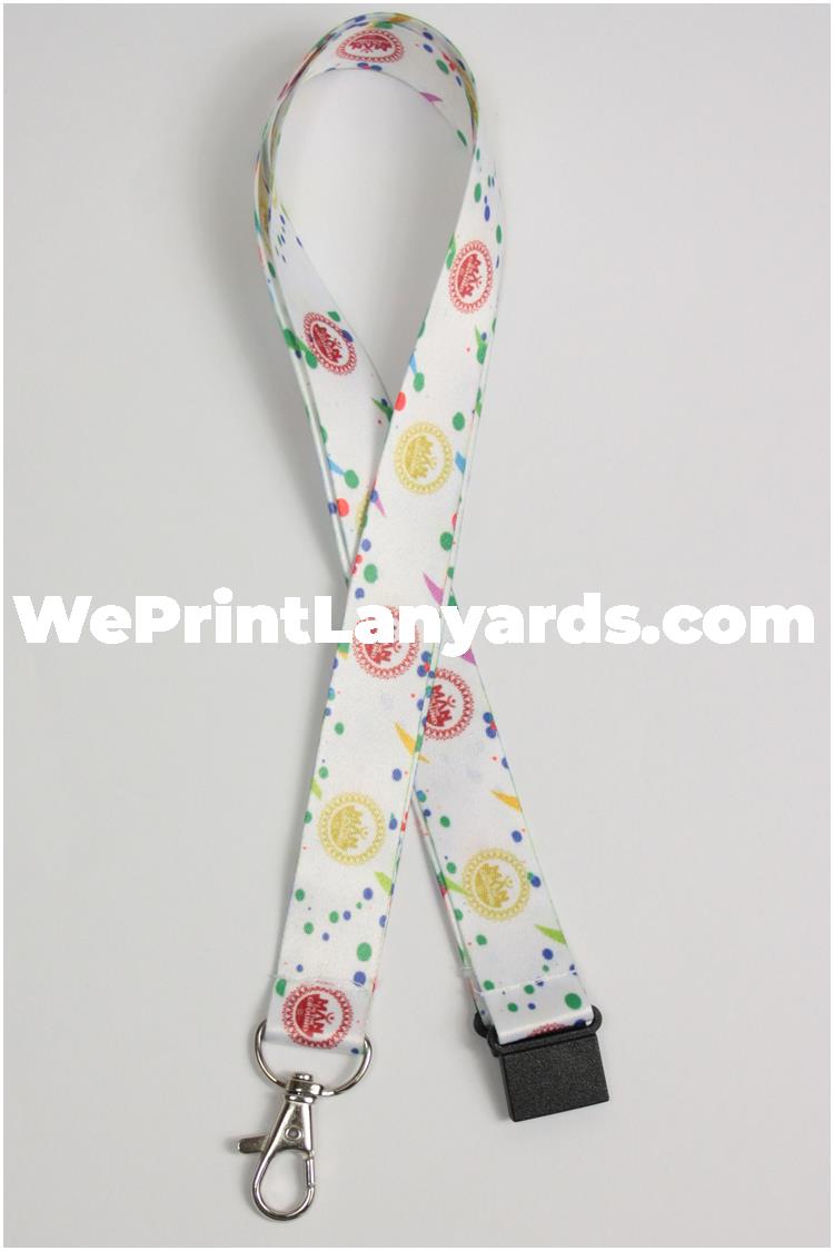 white spotty printed lanyard with company logo